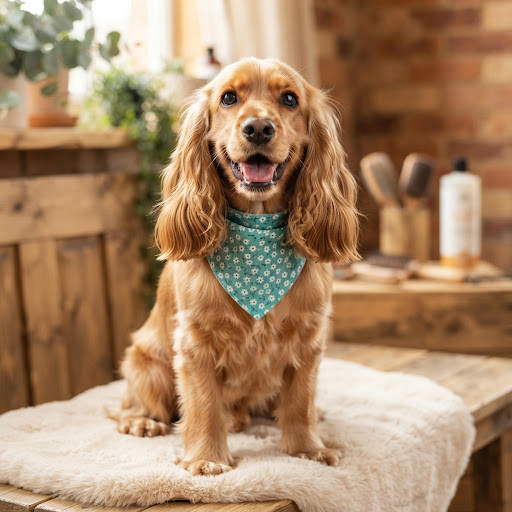 Perrito Bichon maltes blanco sobre mesa de peluqueria con moño azul esponjoso